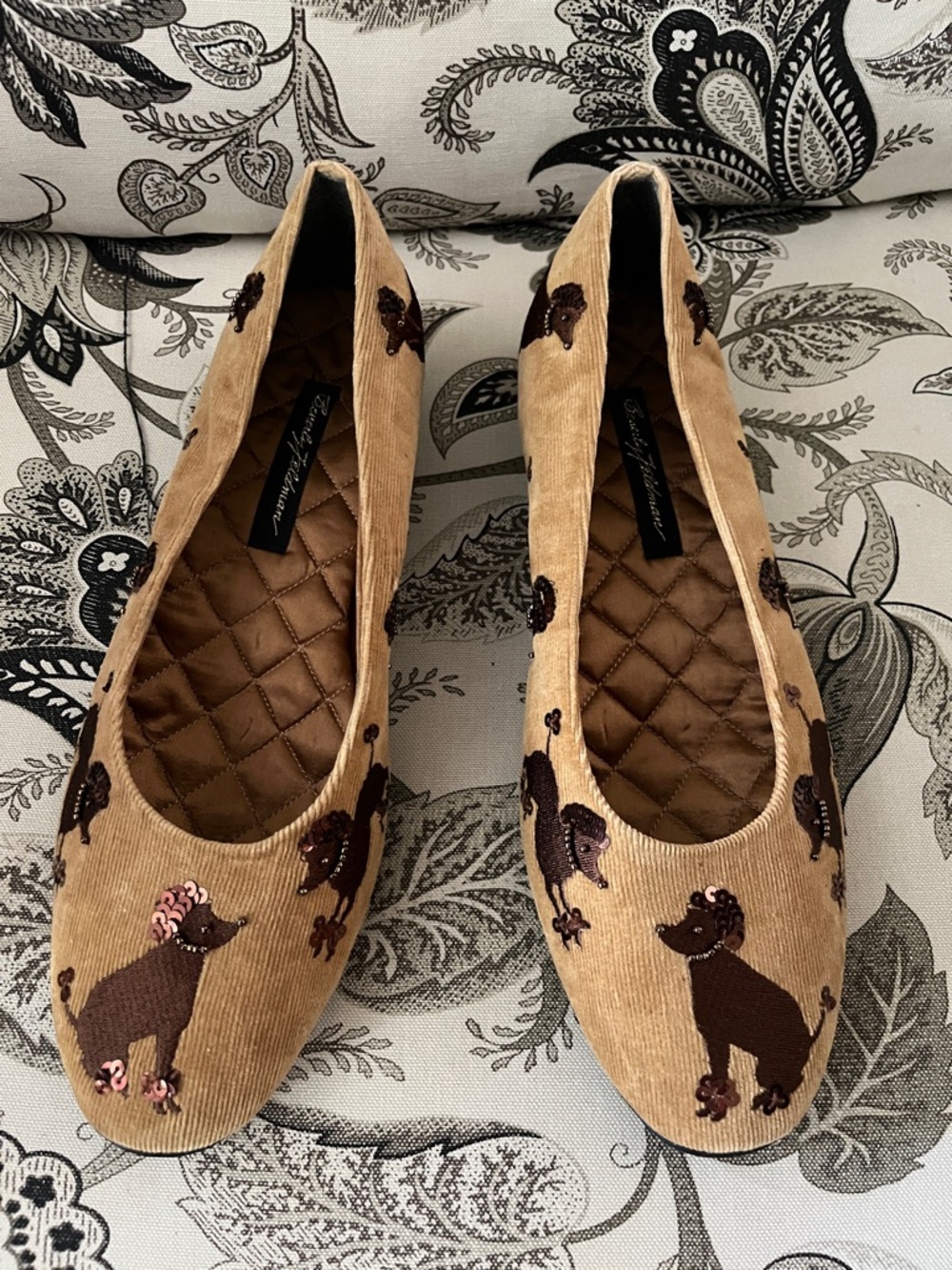 Beverly Feldman - Vintage Corduroy Poodle Embroidered Ballet Flats - Tan